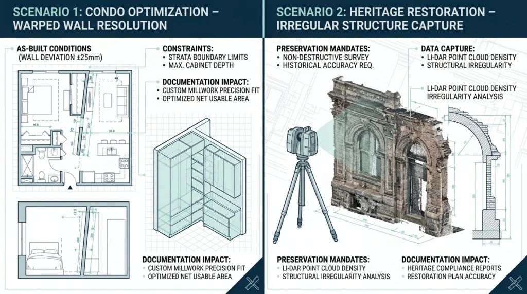 Diagram detailing high-stakes scenarios like condo custom millwork and heritage restorations requiring as-built floor plans Vancouver.