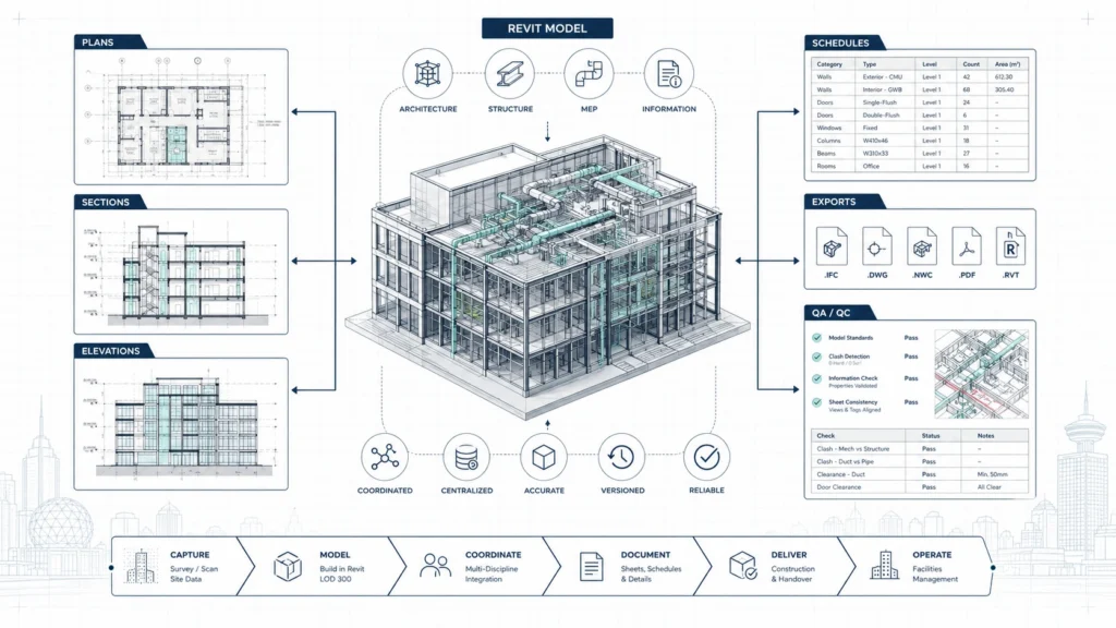 BIM documentation Vancouver workflow showing Revit model elements, plans, sections, elevations, schedules, exports, and QA notes.