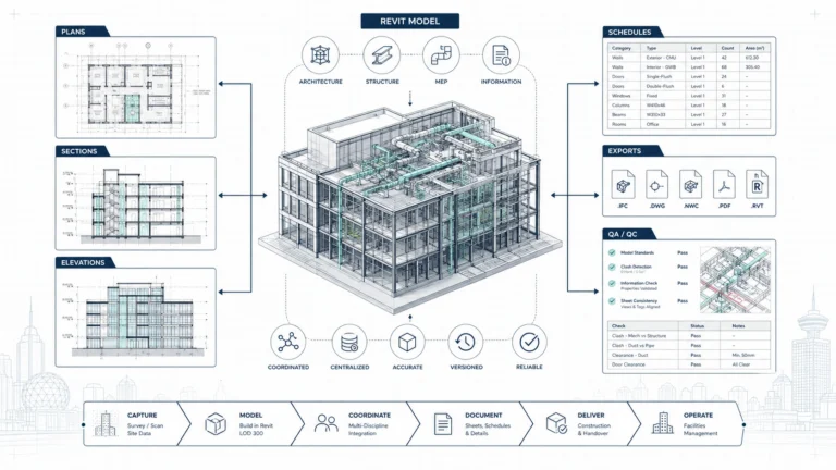 BIM documentation Vancouver workflow showing Revit model elements, plans, sections, elevations, schedules, exports, and QA notes.