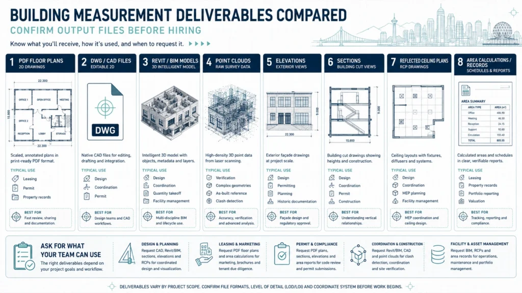 Building measurement deliverables comparison showing PDF floor plans, DWG files, Revit models, point clouds, elevations, and sections.