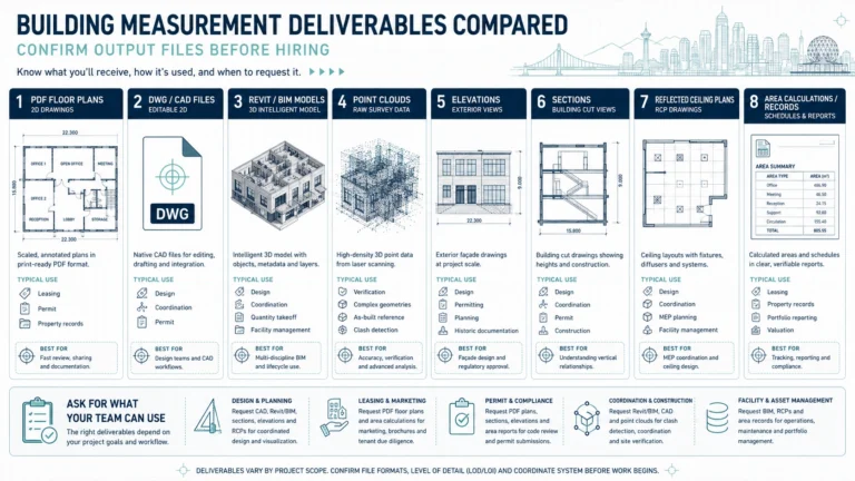 Building measurement deliverables comparison showing PDF floor plans, DWG files, Revit models, point clouds, elevations, and sections.