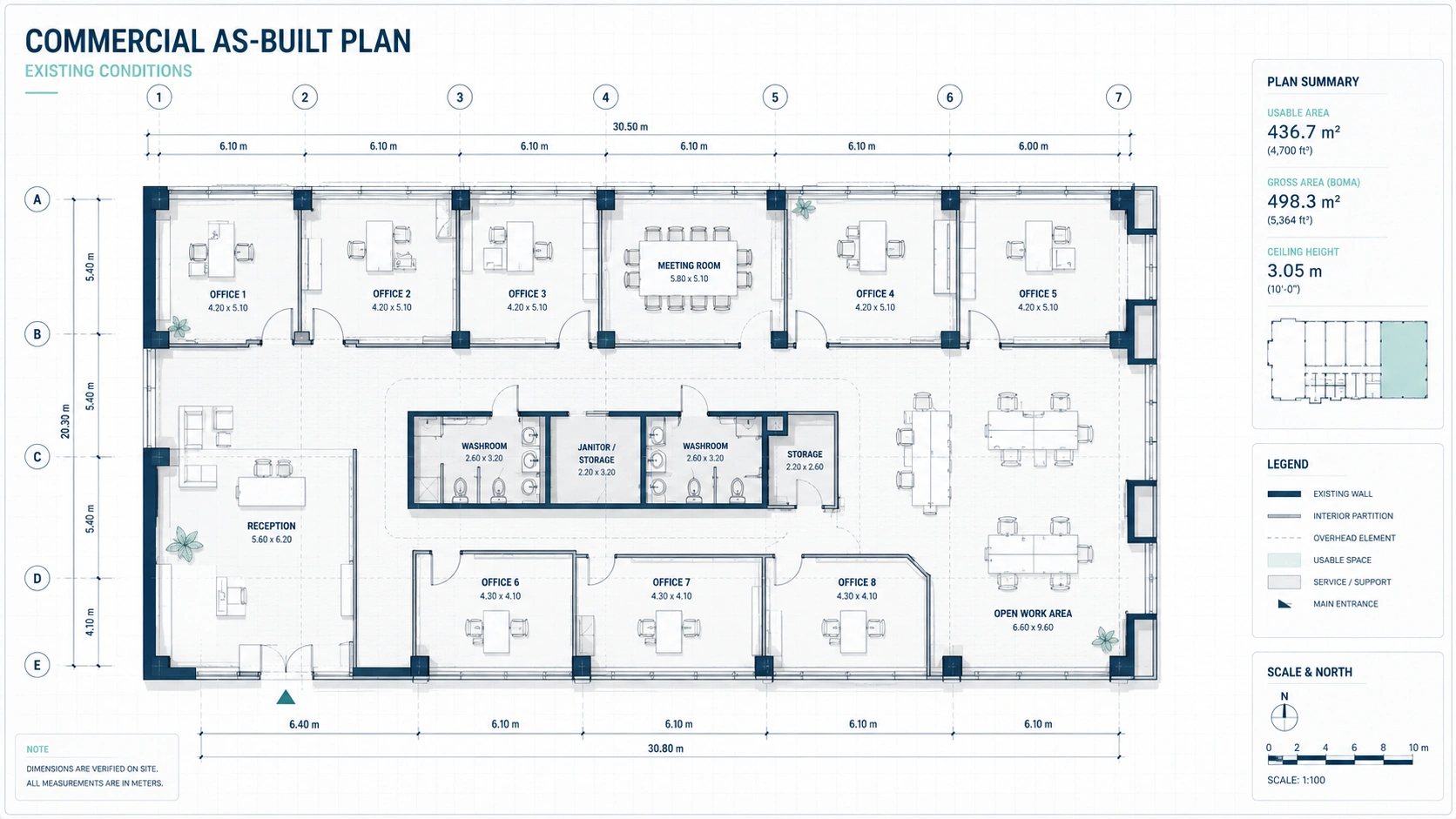Commercial as-built floor plans for an existing commercial space in Vancouver