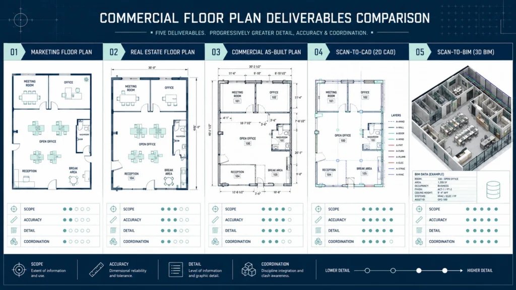 Comparison of marketing floor plans, real estate plans, commercial as-built plans, scan-to-CAD, and scan-to-BIM.