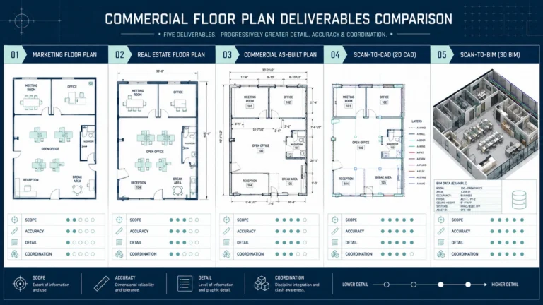 Comparison of marketing floor plans, real estate plans, commercial as-built plans, scan-to-CAD, and scan-to-BIM.