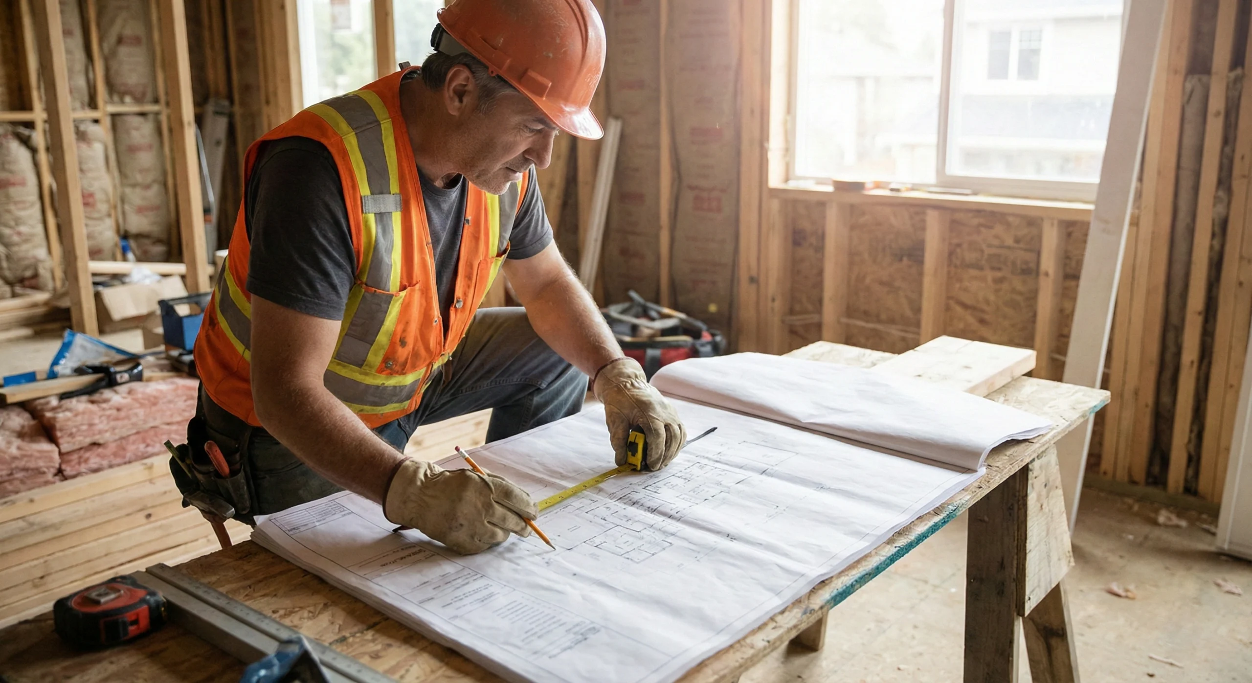 Contractor using as-built drawings during a Vancouver renovation project