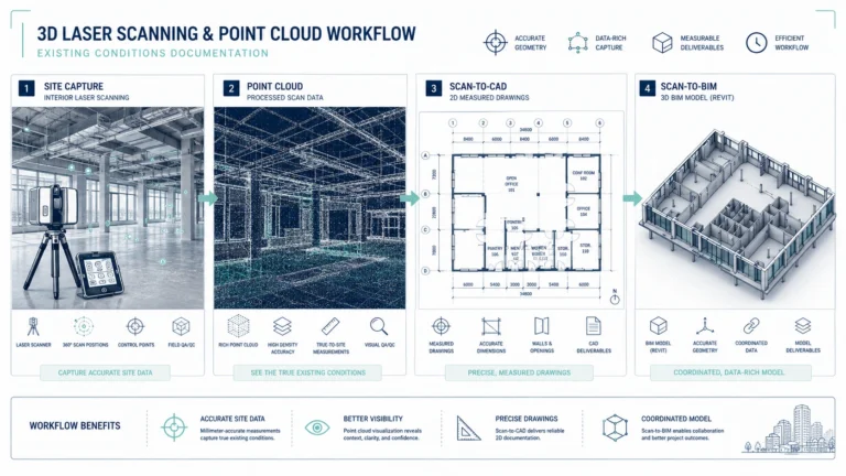 3D laser scanning workflow showing interior capture, point cloud data, scan-to-CAD drawings, and scan-to-BIM model output.