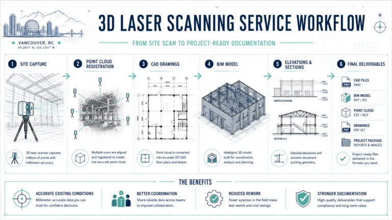 3D laser scanning services workflow showing site capture, point cloud registration, CAD drawings, BIM models, elevations, and sections.
