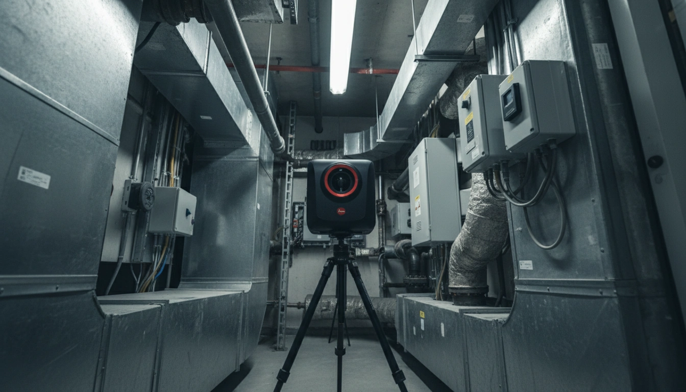 Portable Leica BLK 360 scanner setup in a tight interior space