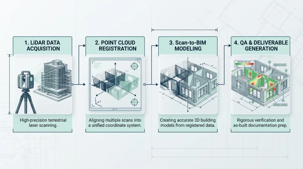 Flowchart illustrating the 4-step Scan-to-BIM process driving project efficiency Greater Vancouver, from LiDAR capture to QA integration.