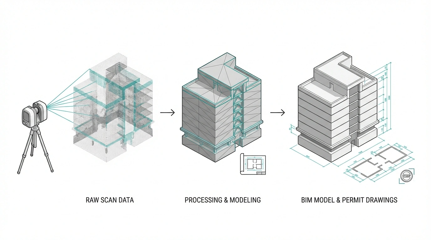 Scan-to-BIM process workflow from point cloud capture to construction documentation