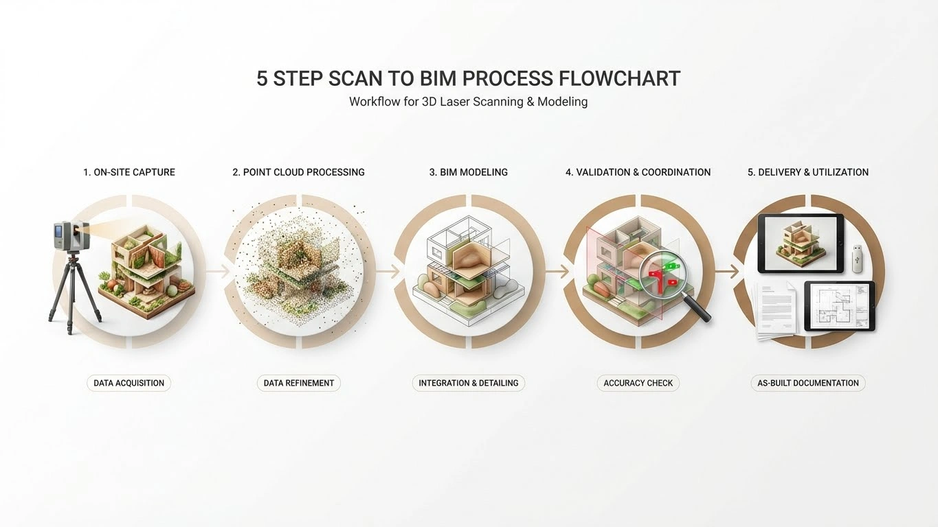 Scan-to-BIM workflow from site capture and point cloud processing to final BIM deliverables