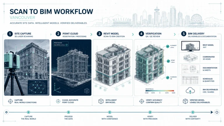 Scan to BIM Vancouver workflow showing 3D laser scanning, point cloud registration, Revit modelling, verification, and BIM delivery.