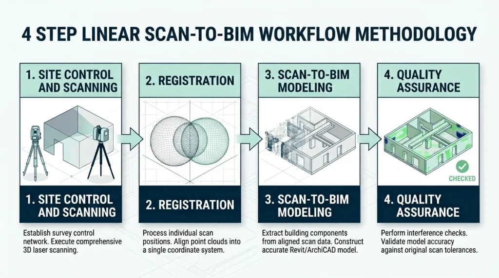 Flowchart showing the 4-step scan-to-BIM workflow: site scanning, registration, modeling, and quality assurance for Vancouver projects.
