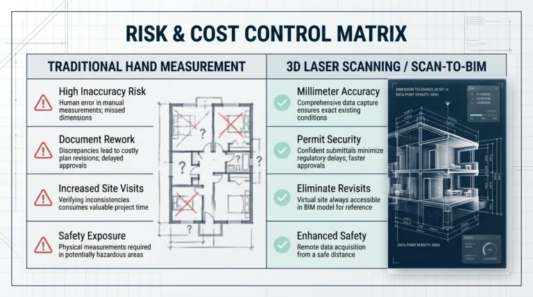 Comparison matrix showing risks of hand measurements vs 3D laser scanning for MLS floor plans Vancouver projects.