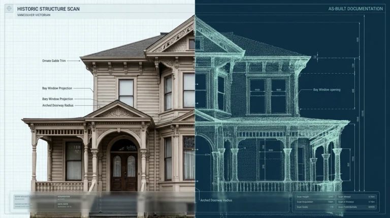 3D laser scanning digital twin of a Victorian facade showing millimeter-accurate historical ornamentation for preservation projects.