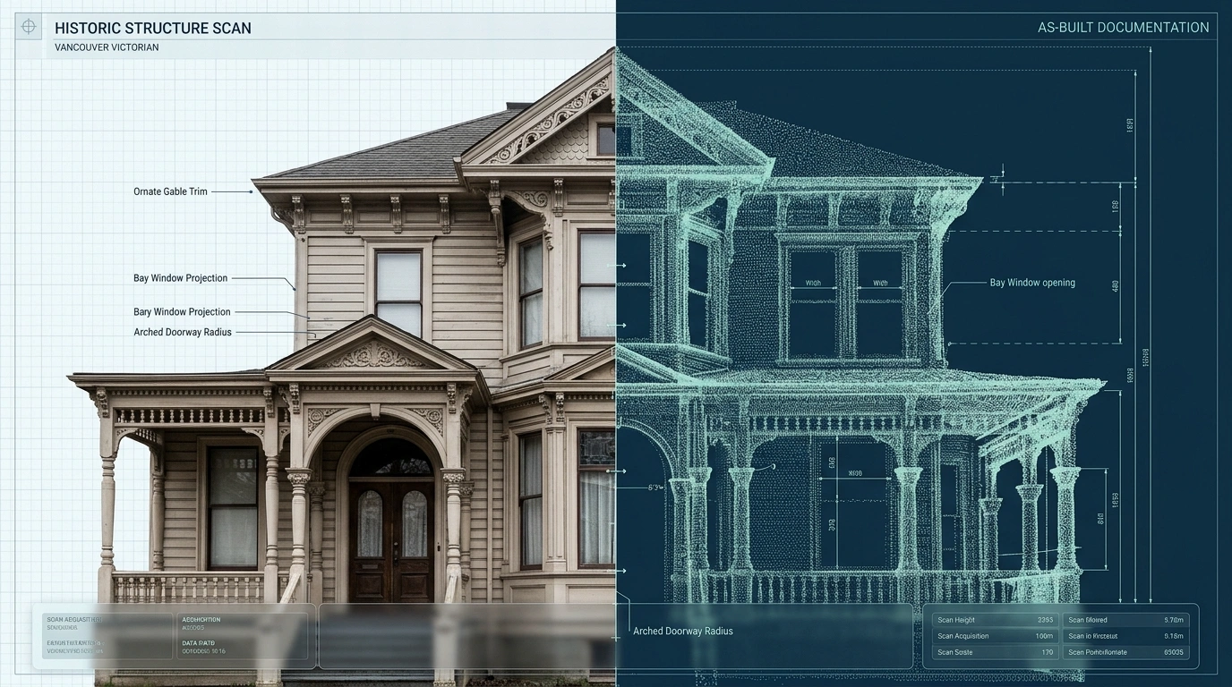 Victorian facade captured as a detailed 3D point cloud in Vancouver