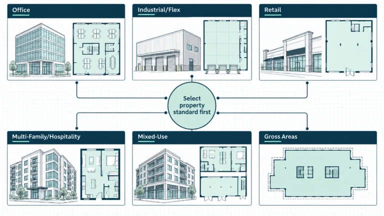 Commercial office floor plan comparing usable and rentable areas with CAD boundaries and an area schedule
