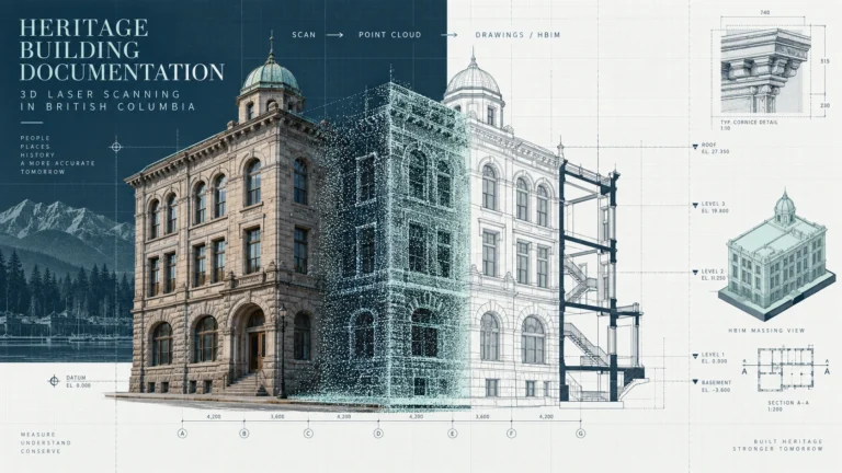 Historic building shown as LiDAR point cloud with CAD elevations, sections and HBIM documentation layers
