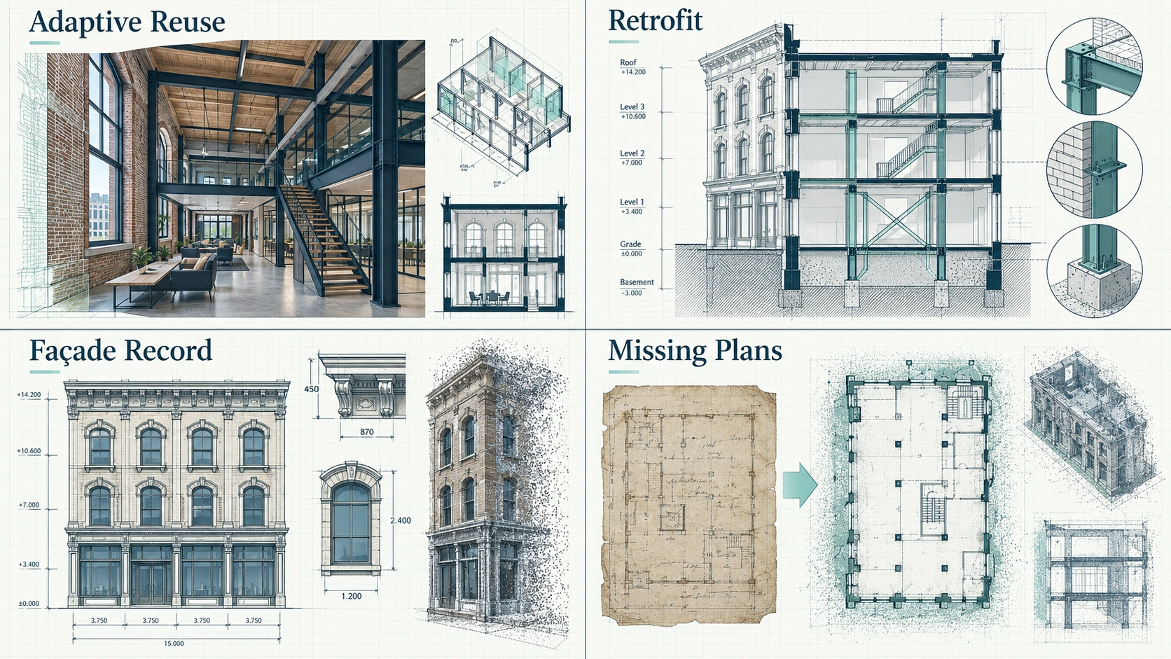 Adaptive reuse, retrofit, façade documentation and missing-plan heritage scanning use cases