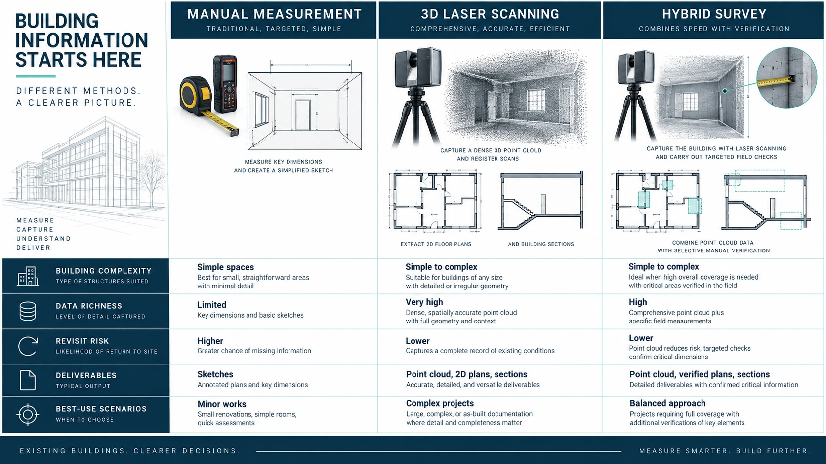 Technical comparison of manual measurement, 3D laser scanning, and hybrid as-built survey workflows