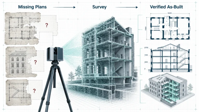 Workflow from incomplete old plans through laser scanning to verified as-built drawings and BIM