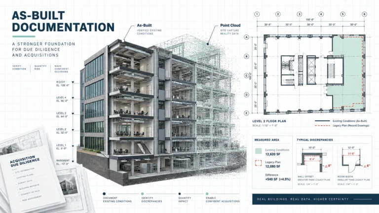 As-built floor plan, point cloud and acquisition documents used to verify existing commercial building conditions