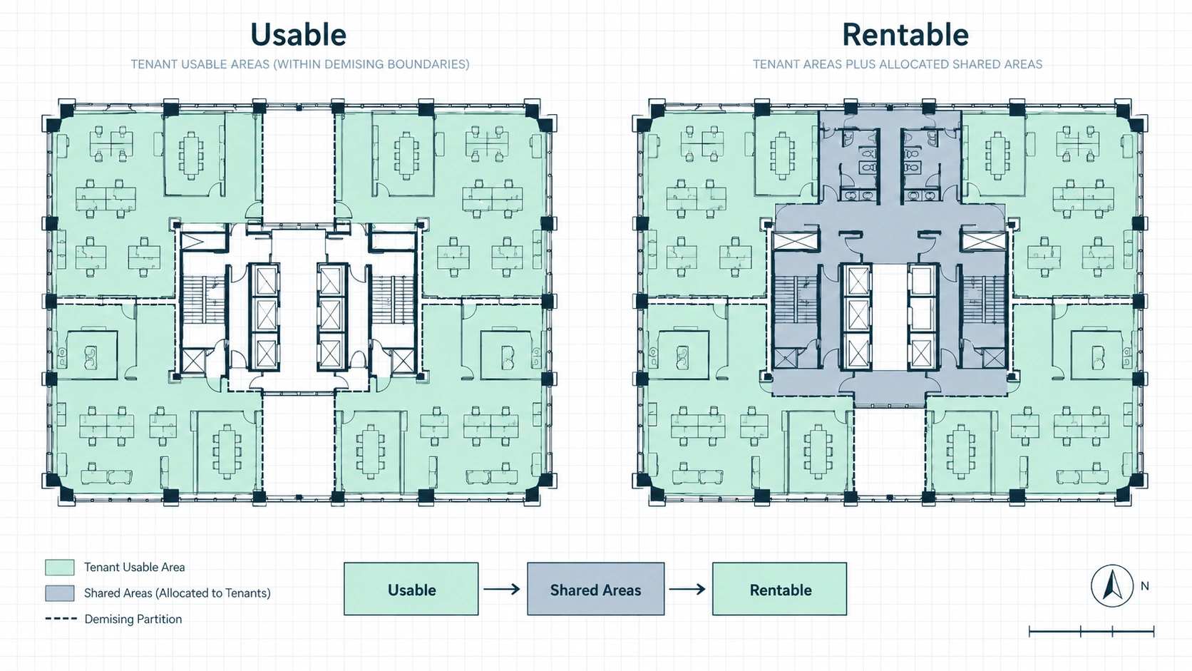 Office floor plan showing usable tenant areas and shared spaces contributing to rentable area